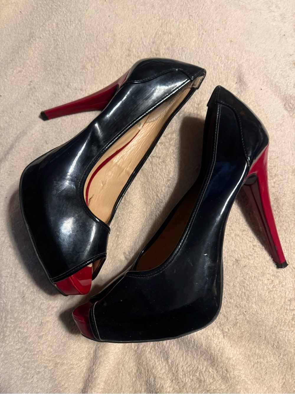 Guess by Marciano Gaminata Black Patent Peep-Toe Heels with Red Stiletto